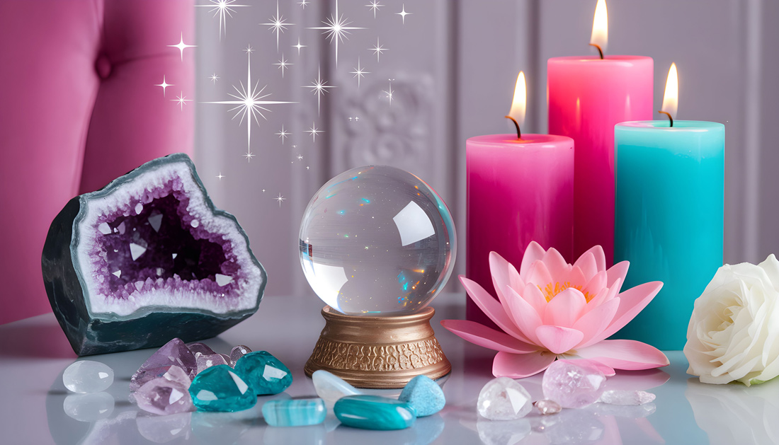 A crystal ball, an amethyst geode, several gemstones, 2 pink and 1 aqua colored candles burn on a table together.